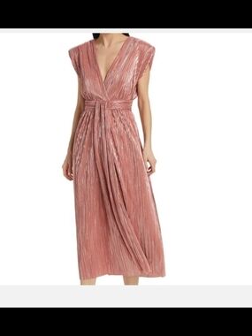 Sabina Musayev Rose Pink Pleated V-Neck Midi Dress with Waist Tie